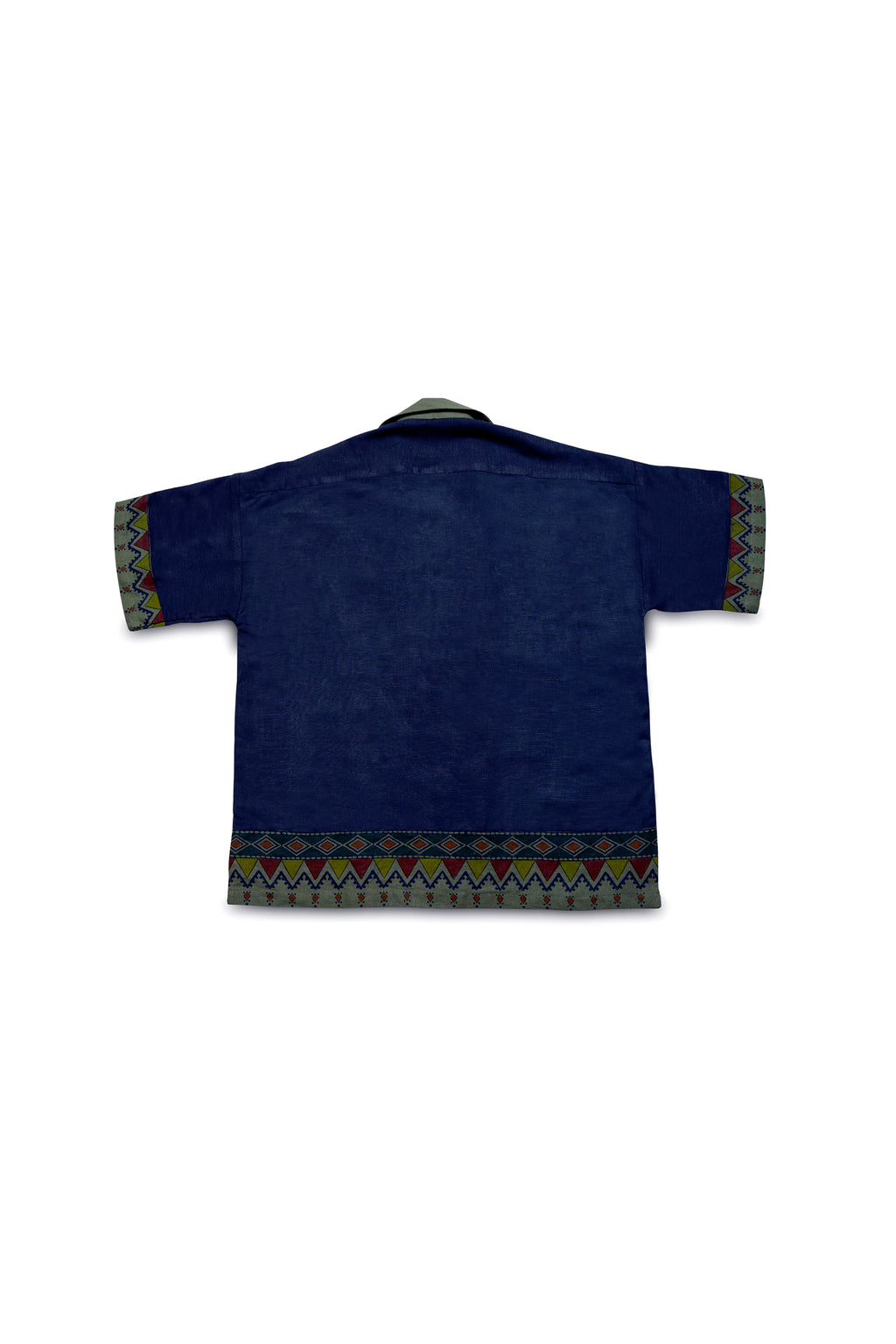 TEXTURED BLUE AND GREEN BLOCK PRINTED CUBAN SHIRT