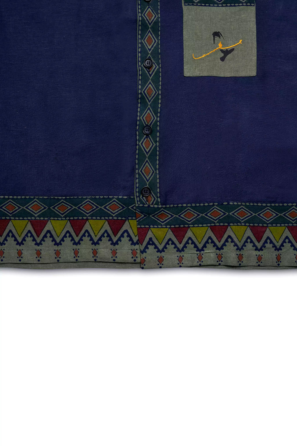 TEXTURED BLUE AND GREEN BLOCK PRINTED CUBAN SHIRT