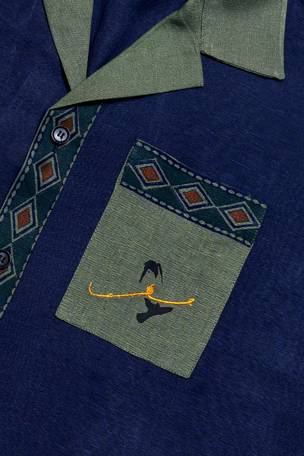 TEXTURED BLUE AND GREEN BLOCK PRINTED CUBAN SHIRT