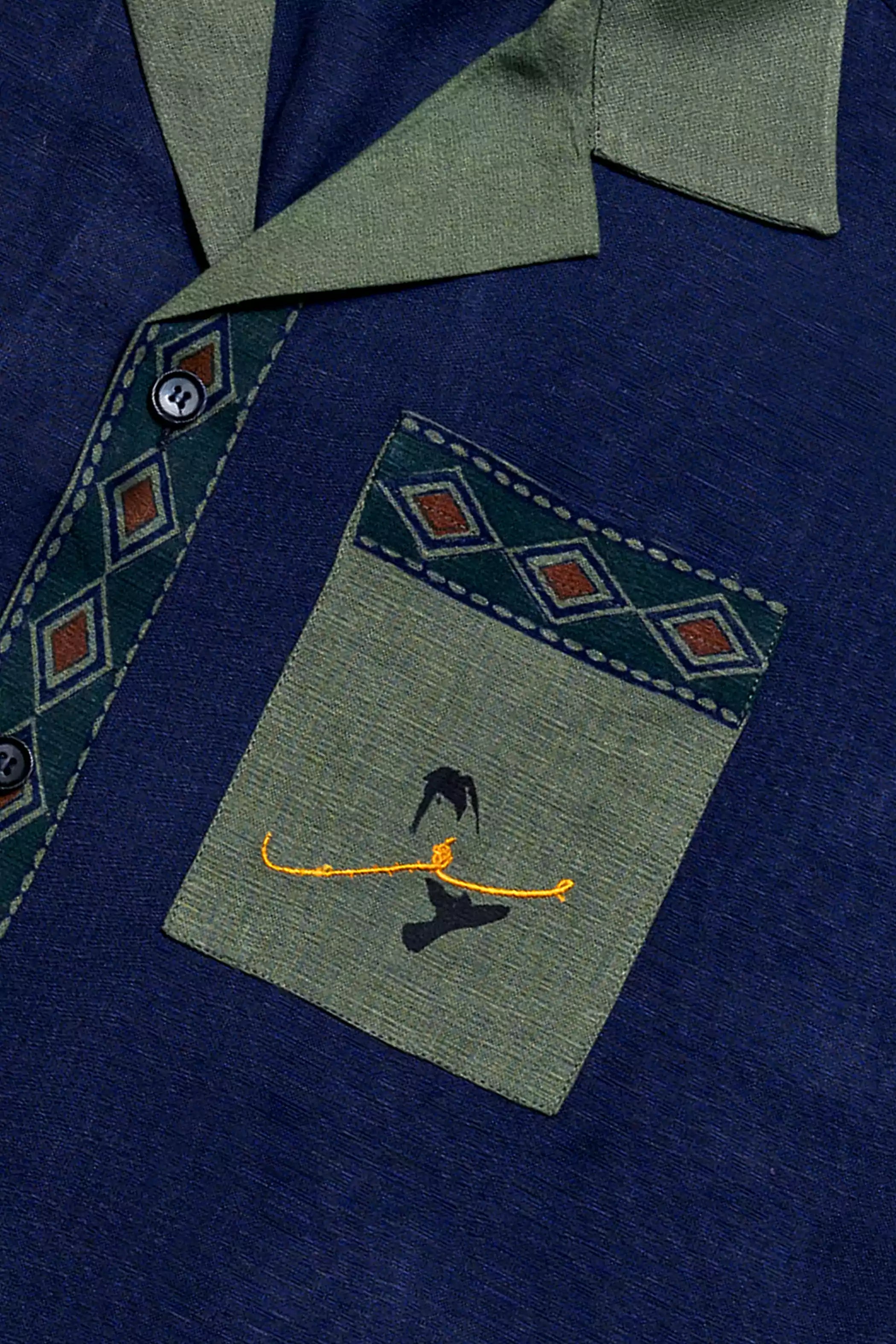 TEXTURED BLUE AND GREEN BLOCK PRINTED CUBAN SHIRT