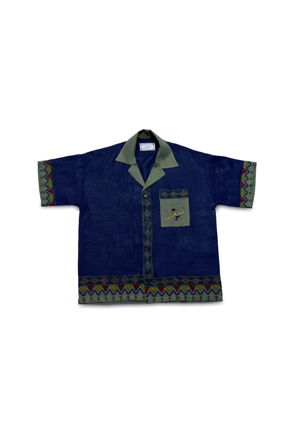TEXTURED BLUE AND GREEN BLOCK PRINTED CUBAN SHIRT