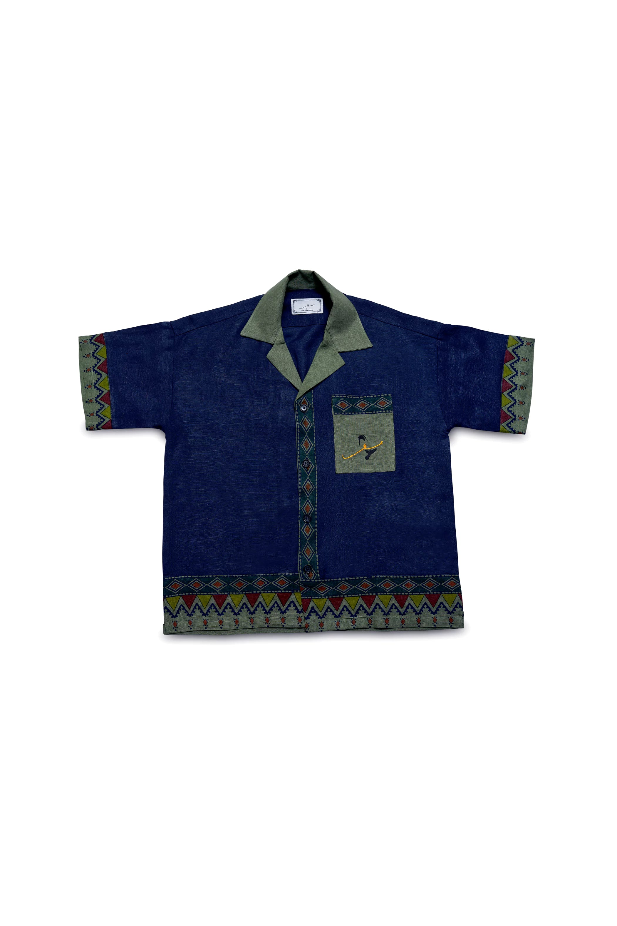 TEXTURED BLUE AND GREEN BLOCK PRINTED CUBAN SHIRT