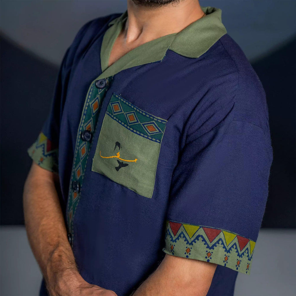 TEXTURED BLUE AND GREEN BLOCK PRINTED CUBAN SHIRT - SIFAR