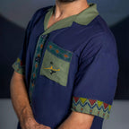TEXTURED BLUE AND GREEN BLOCK PRINTED CUBAN SHIRT - SIFAR