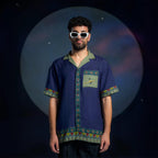 TEXTURED BLUE AND GREEN BLOCK PRINTED CUBAN SHIRT - SIFAR