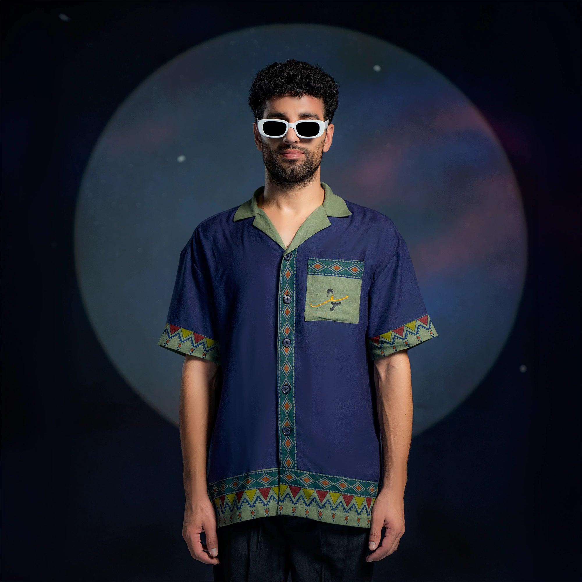 TEXTURED BLUE AND GREEN BLOCK PRINTED CUBAN SHIRT - SIFAR