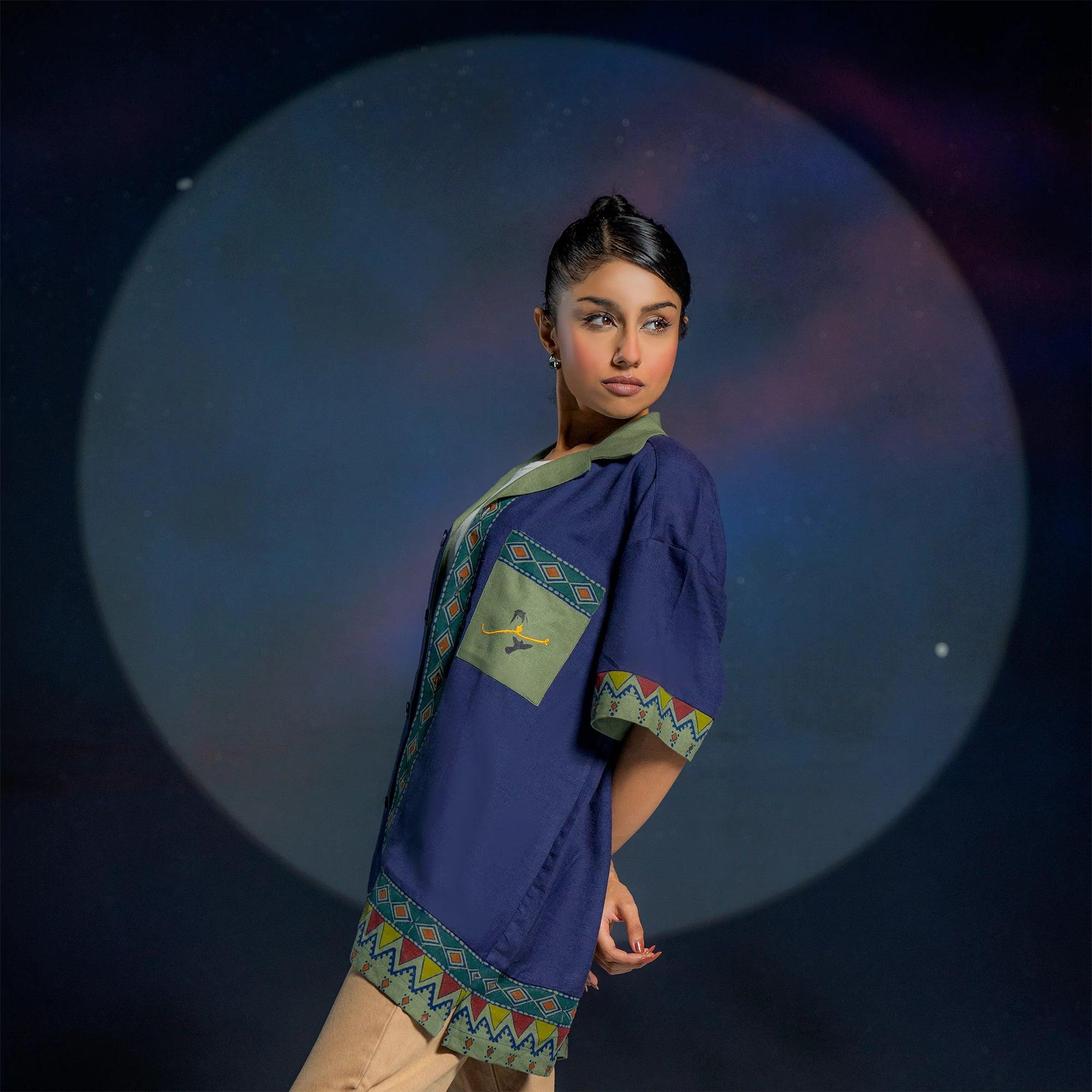 TEXTURED BLUE AND GREEN BLOCK PRINTED CUBAN SHIRT - SIFAR